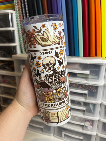 'The Reader' Floral Skeleton Tumbler