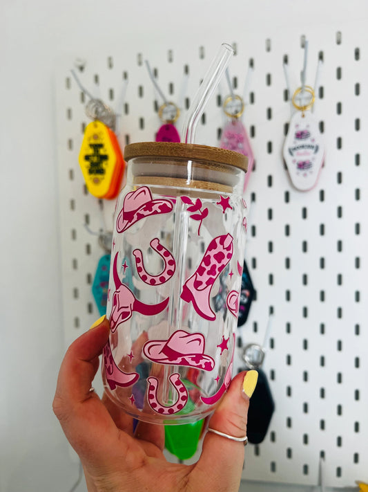 Pink Cowgirl Inspired Glass can