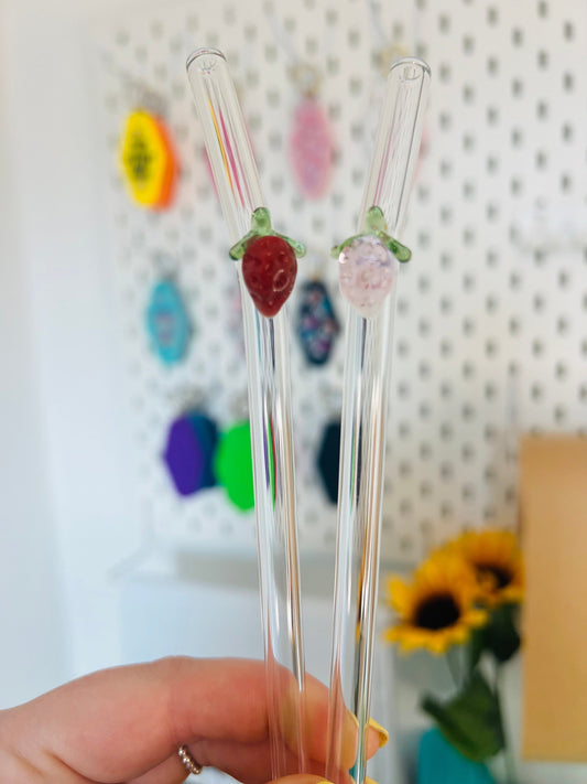 Glass Strawberry Straw, cup accessory, glass straw, Drinkware, Strawberry, fruity, summer accessory